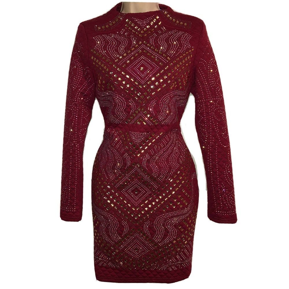 Xtaren Maroon Long Sleeve Bodycon Mini Dress Silver Sequins Zippered Size Large